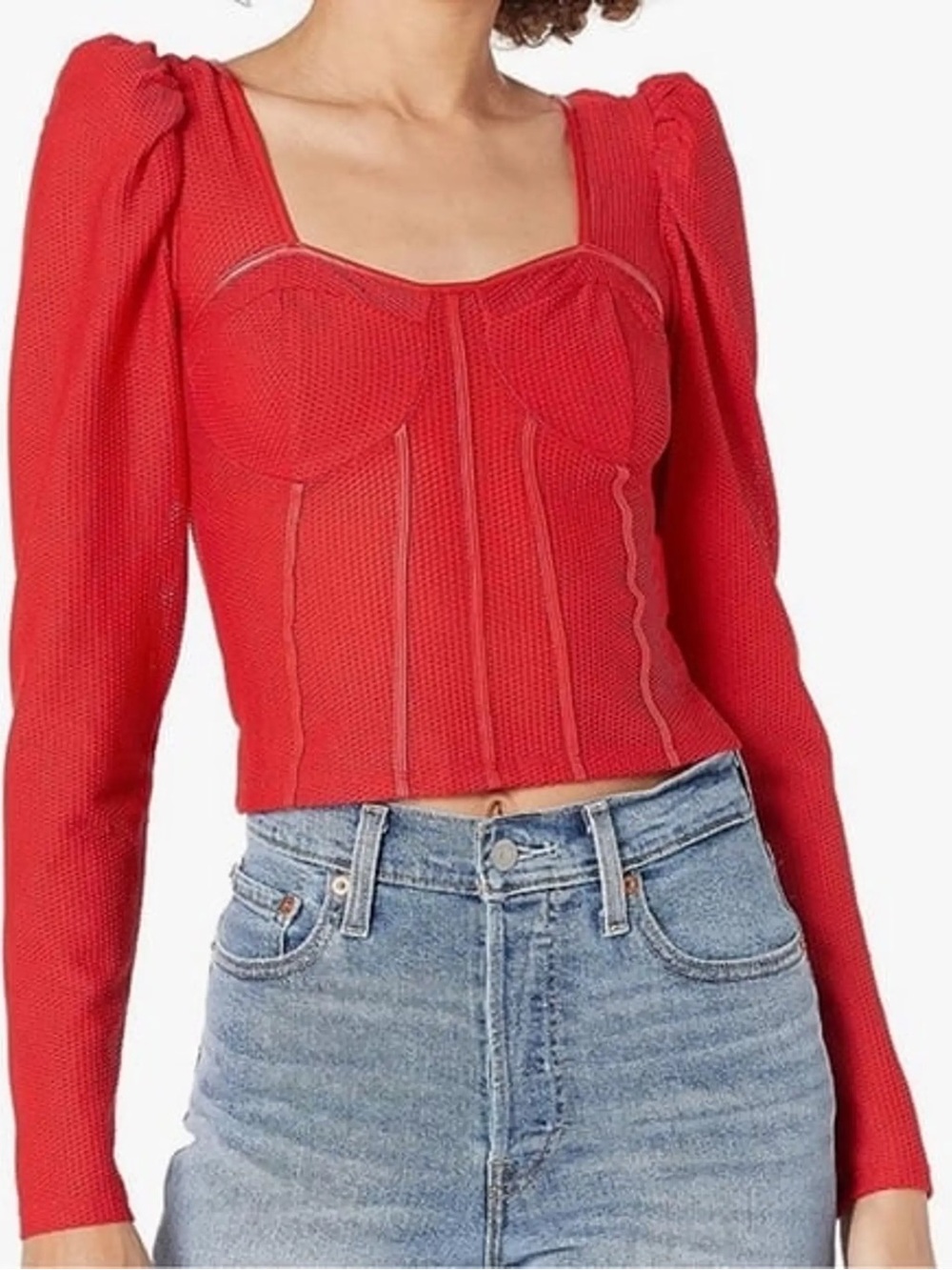 Guess Red Long-Sleeve Corset Knit Top - Picture 1 of 3